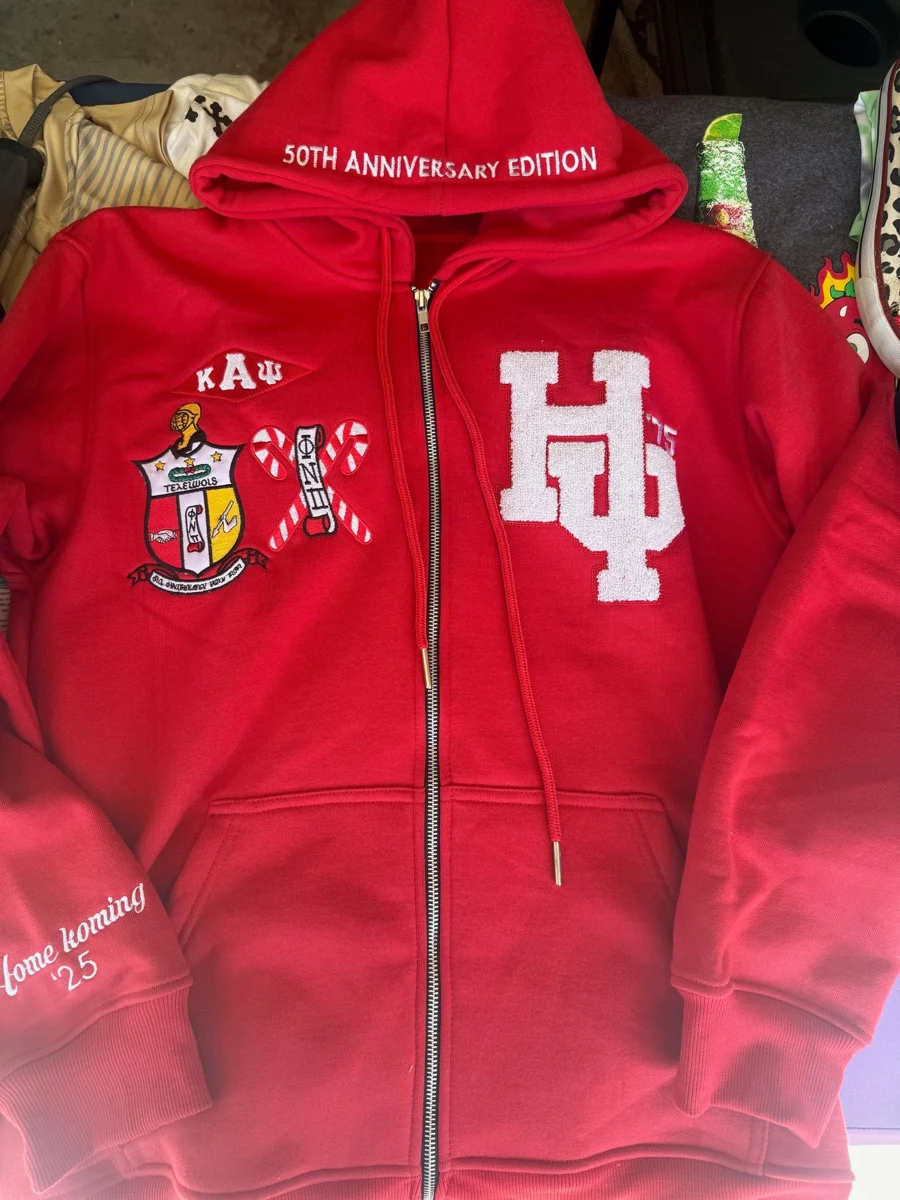 Red Greek-letter hoodie with anniversary decoration