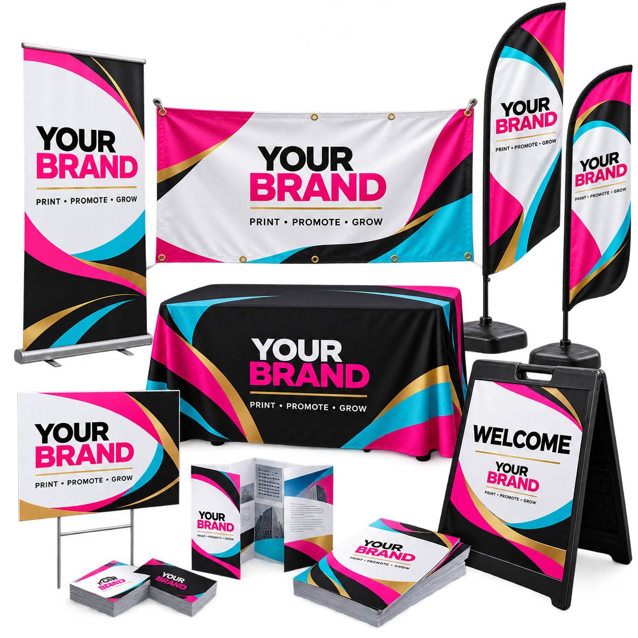 Example of customizable event displays: retractable banner, hanging banner, feather flags, branded table cover and sidewalk sign