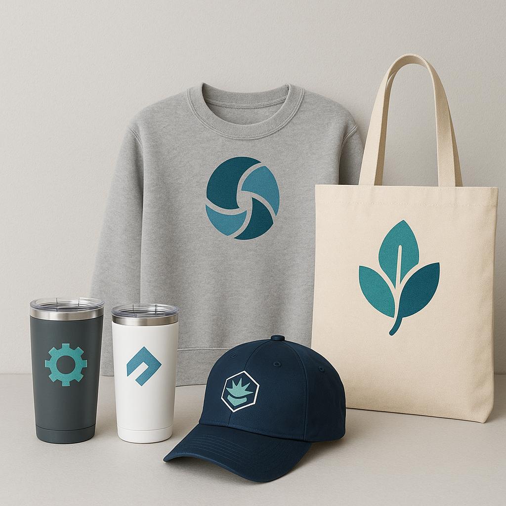Sweatshirt, tote bag, tumblers and cap decorated with custom logos