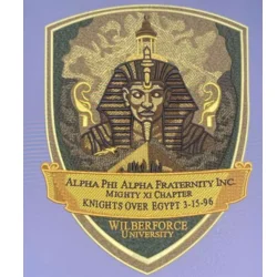 Finished embroidered Alpha Phi Alpha Mighty Xi Chapter crest produced by GMB Custom Apparel
