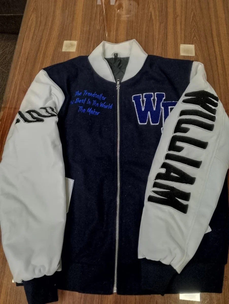 Navy and white W varsity jacket with personalized sleeve lettering