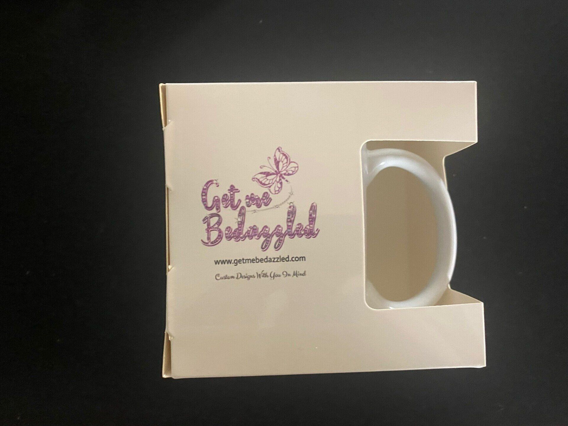 Get Me Bedazzled branded white mug in a presentation box for custom gift planning