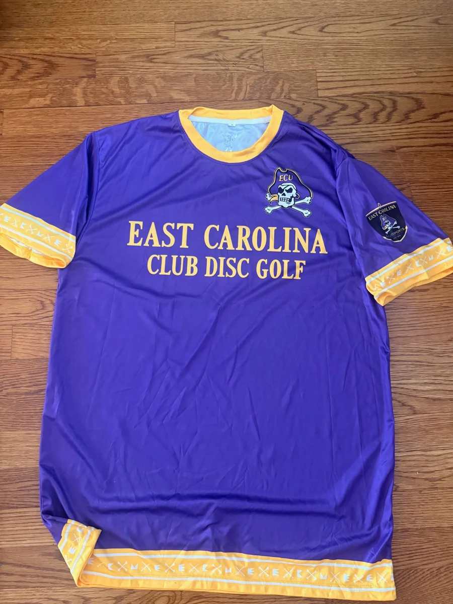 Purple and gold East Carolina Club Disc Golf jersey