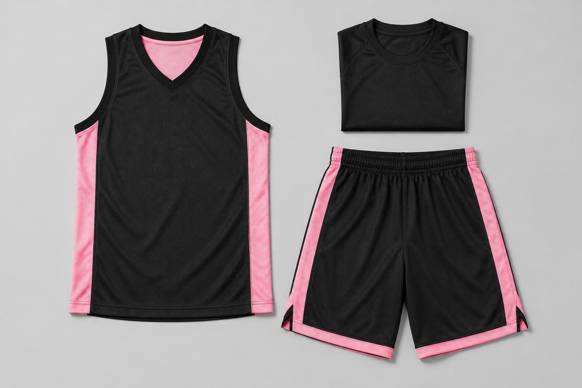 Illustrative black and pink basketball jersey, shorts and shooting shirt; not a GMB client project