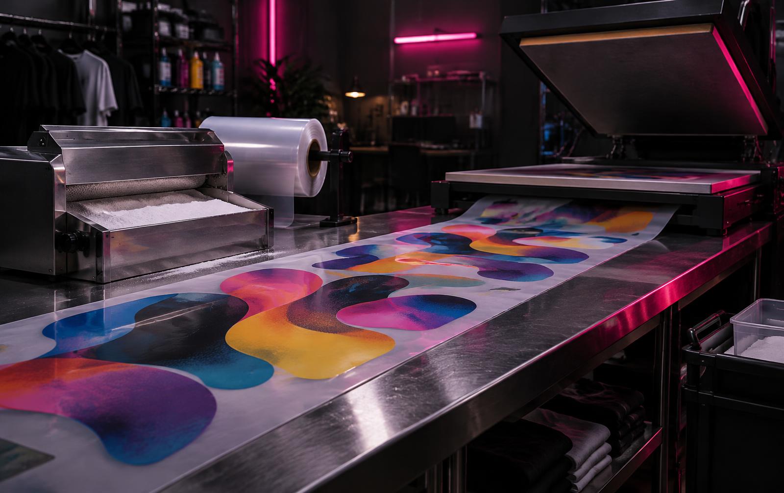 Illustrative render of a DTF transfer print studio, not a photograph of a GMB job