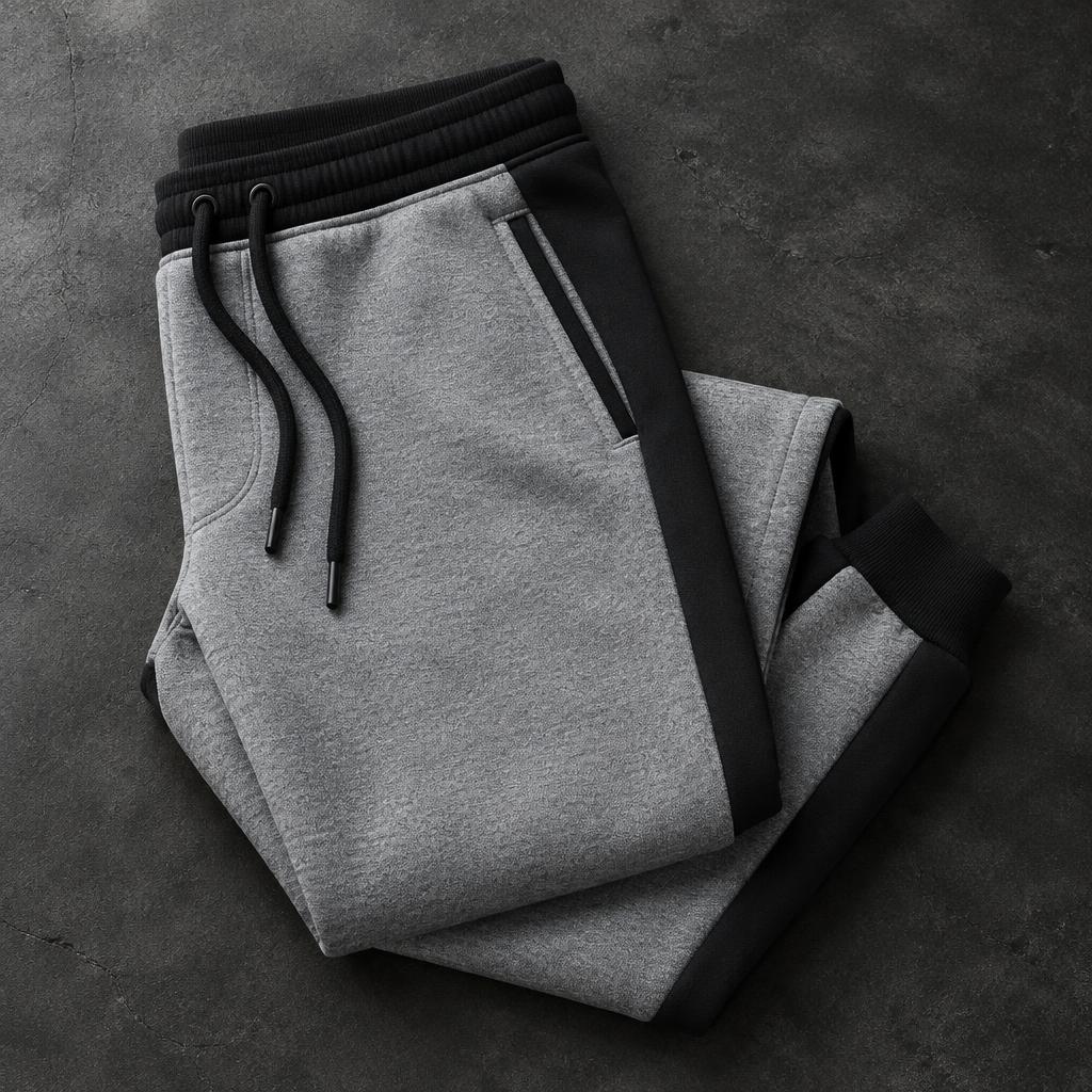 Folded grey and black fleece joggers with drawstrings