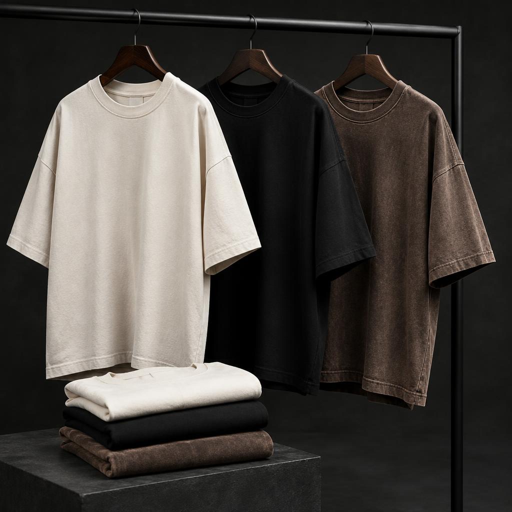 Oversized off-white, black and washed brown tees on a rack