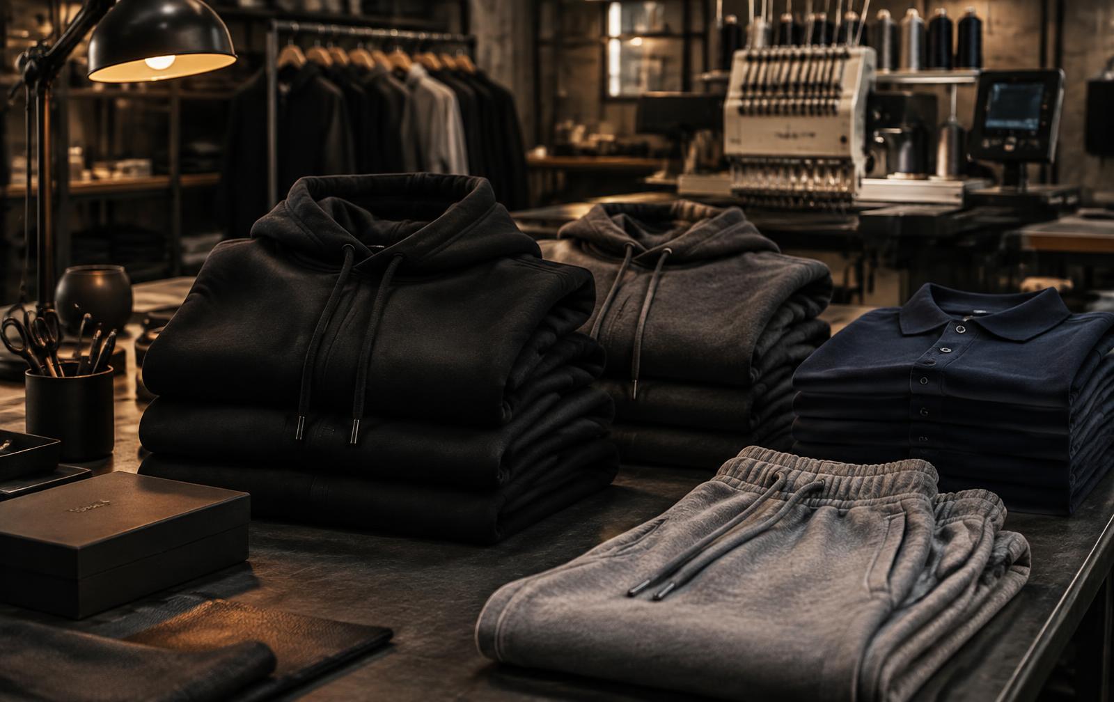 Stacked heavyweight hoodies, navy polos and grey joggers on a production table beside an embroidery machine