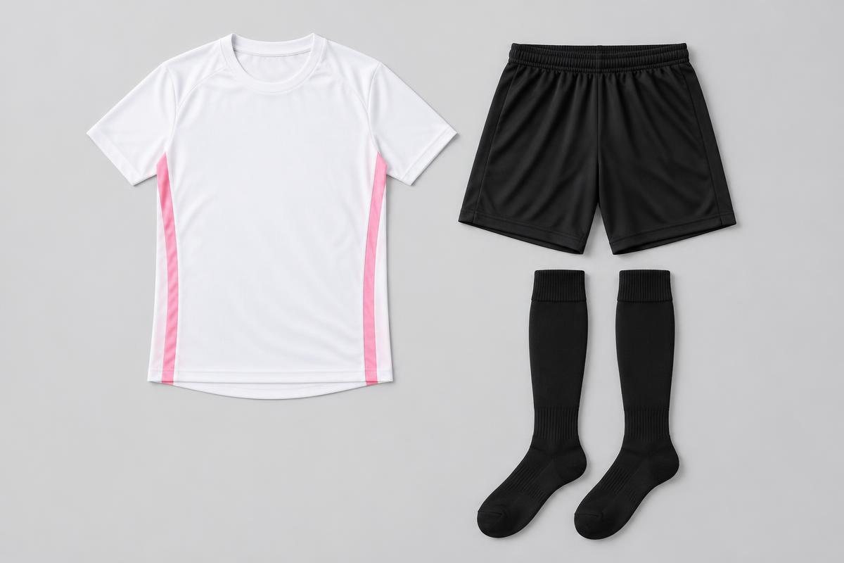 Illustrative white and pink soccer jersey with black shorts and socks; not a GMB client project